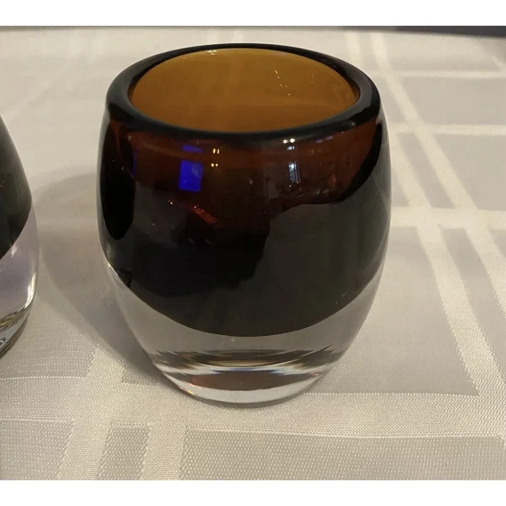 Crate and Barrel Amber Topaz Glass Diva Votive‎ Candle Holder-Poland Set 2
